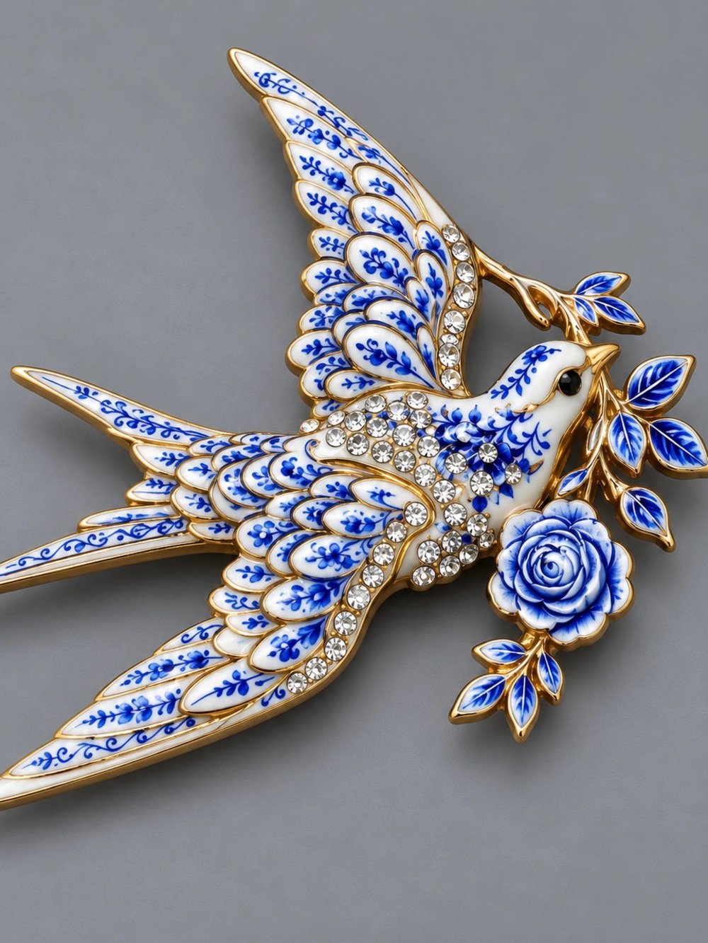 Enamel Swallow Blue & White Bird Brooch #cz429